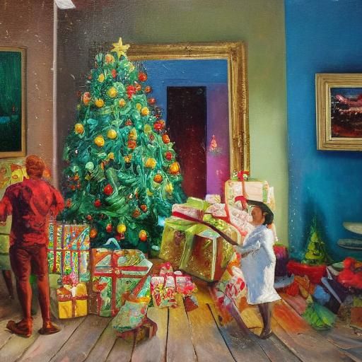 Family Unpacking Christmas Gifts: Neo-Expressionist Oil Pain...