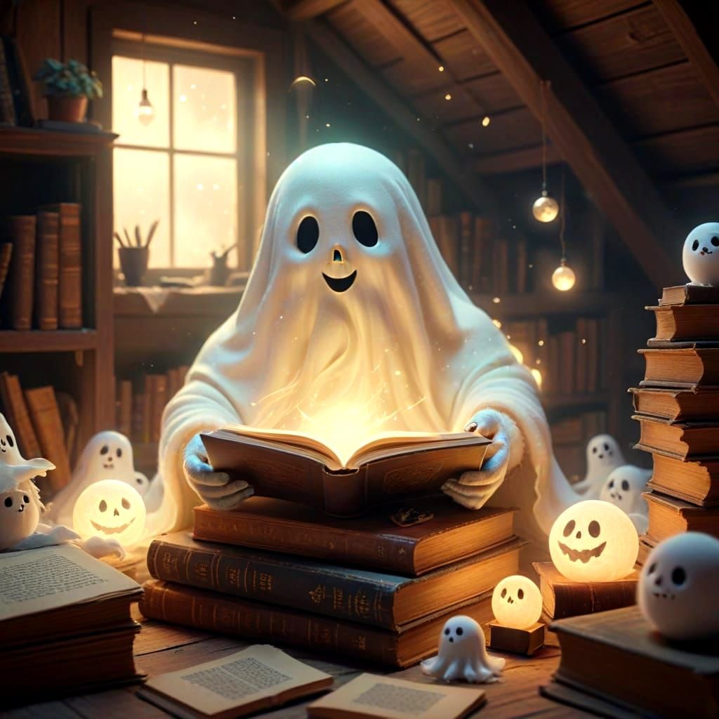 Friendly Ghost Reading in Attic, Soft Pastel Drawing