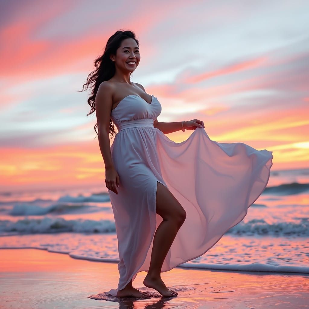 Asian Woman Dancing on Serene Beach at Sunset