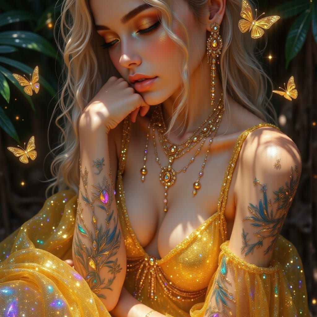 Serene Woman with Glowing Tattoos and Butterflies