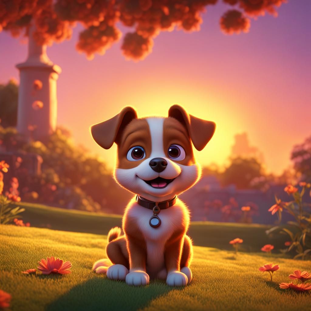 Cute Dog in Sunset: 3D Digital Art