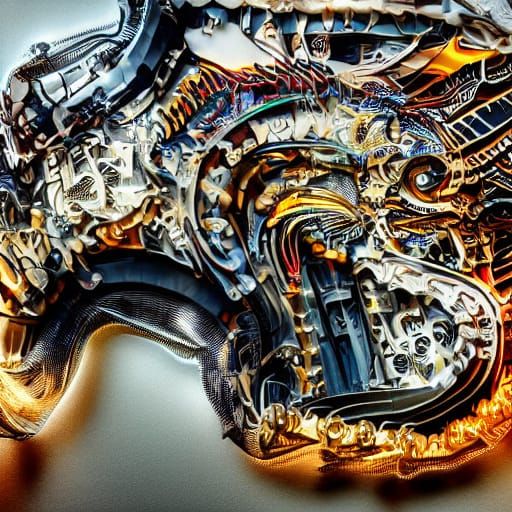 Mechanical Dragon Over Neon City in Biomechanical Surrealism...