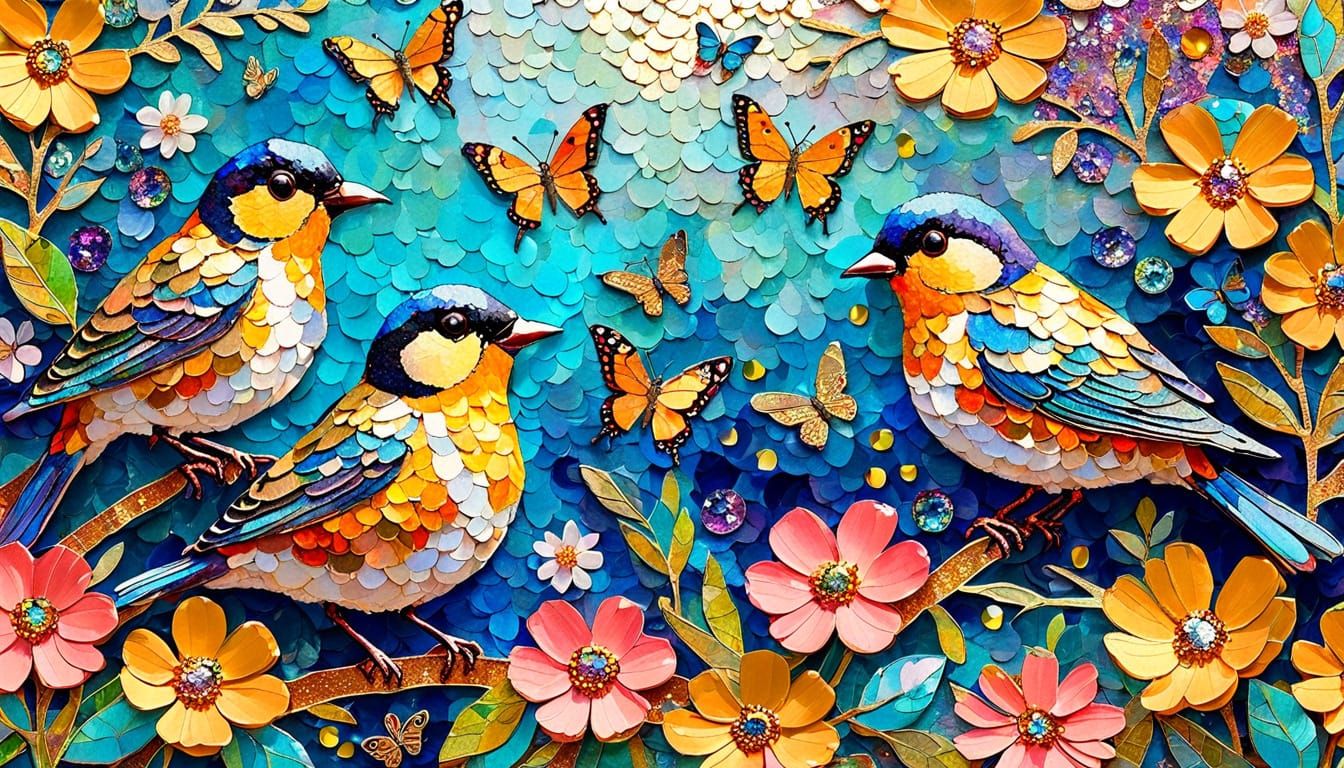 Vibrant Fauvist Masterpiece: Birds, Flowers, and Butterflies...