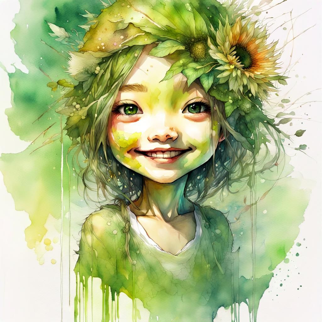 Chibi Kiwi in Watercolor Fantasyscape