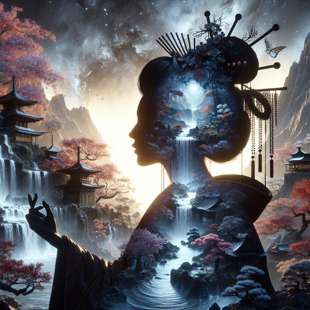 Geisha Silhouette with Zen Landscape in 4K HDR