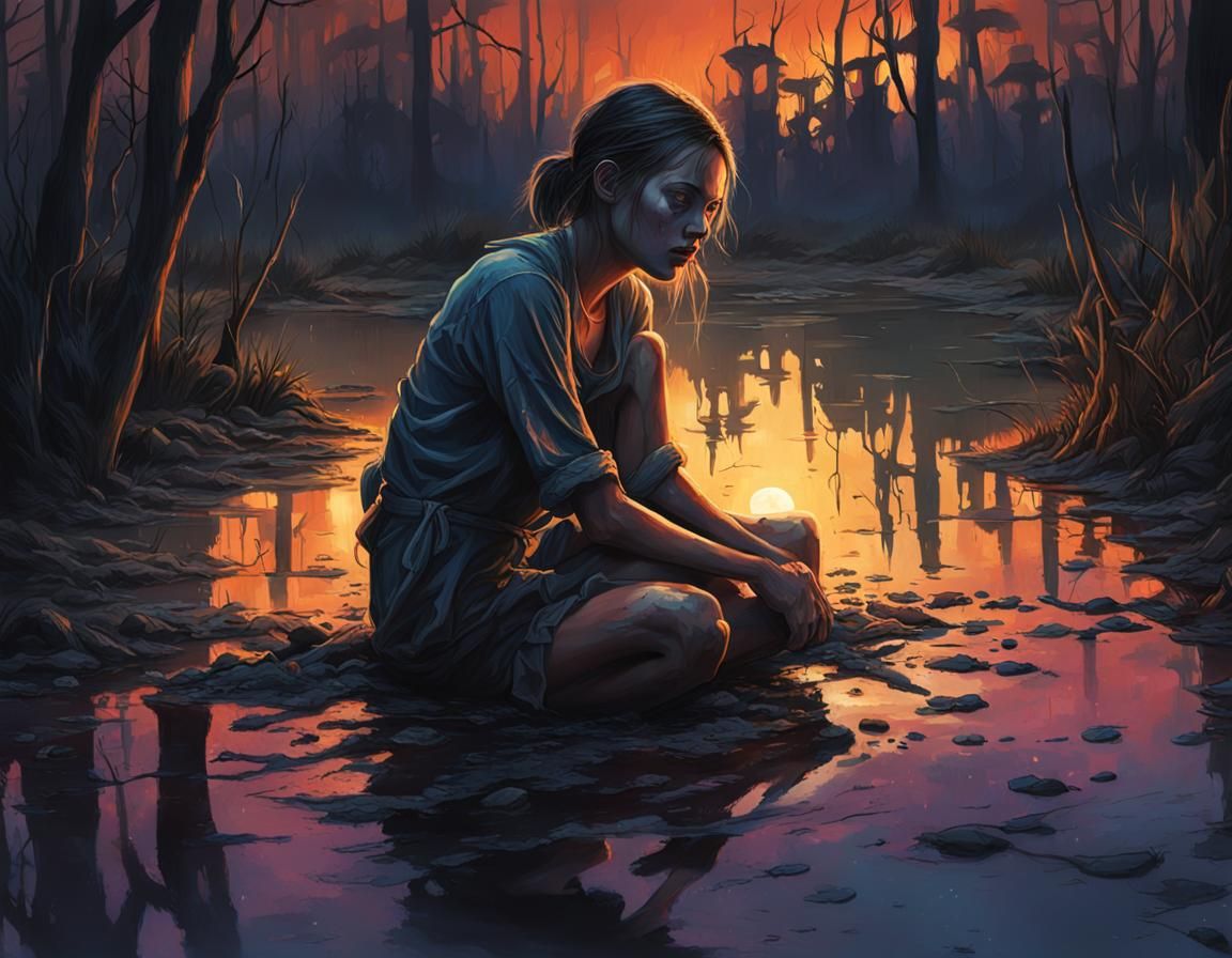 Desperate Girl Kneeling in Swamp at Night