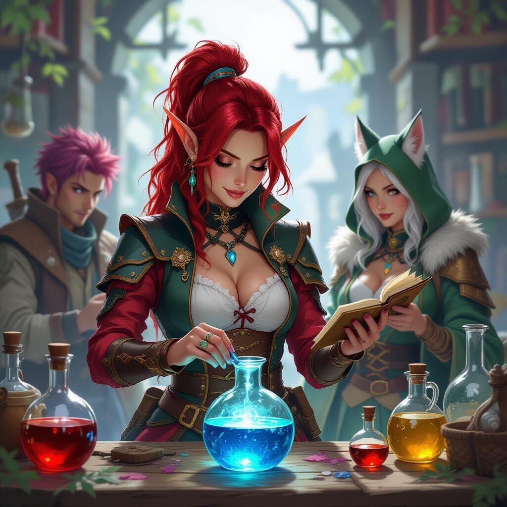Fantasy Alchemist and Companions Mixing Potions