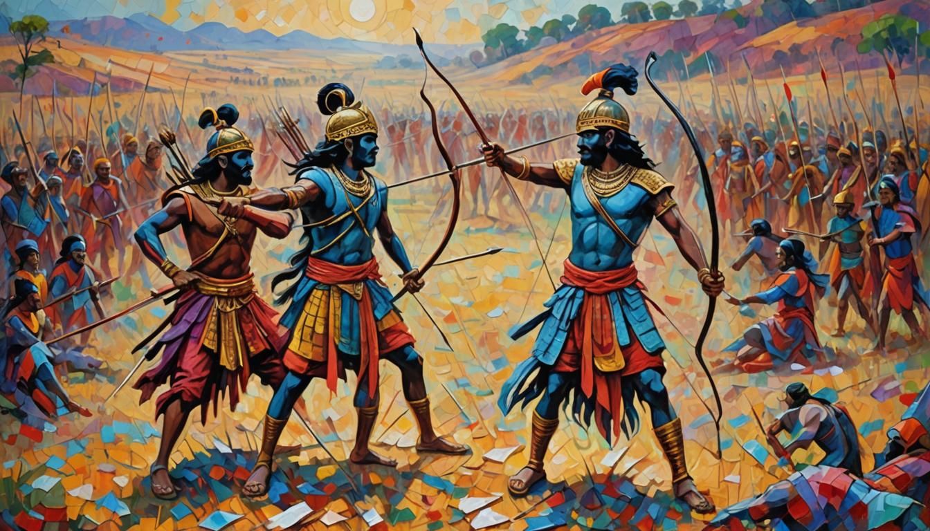 Arjuna and Rama: Impasto Oil Painting Battlefield Standoff