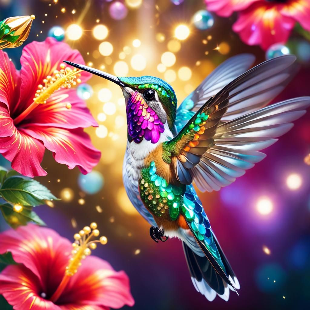 Sparkling hummingbird in flight towards hibiscus flowers