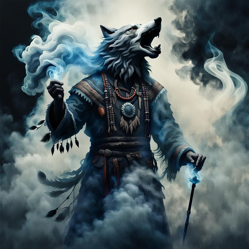 Ethereal Native American Smoke Figure with Wolf