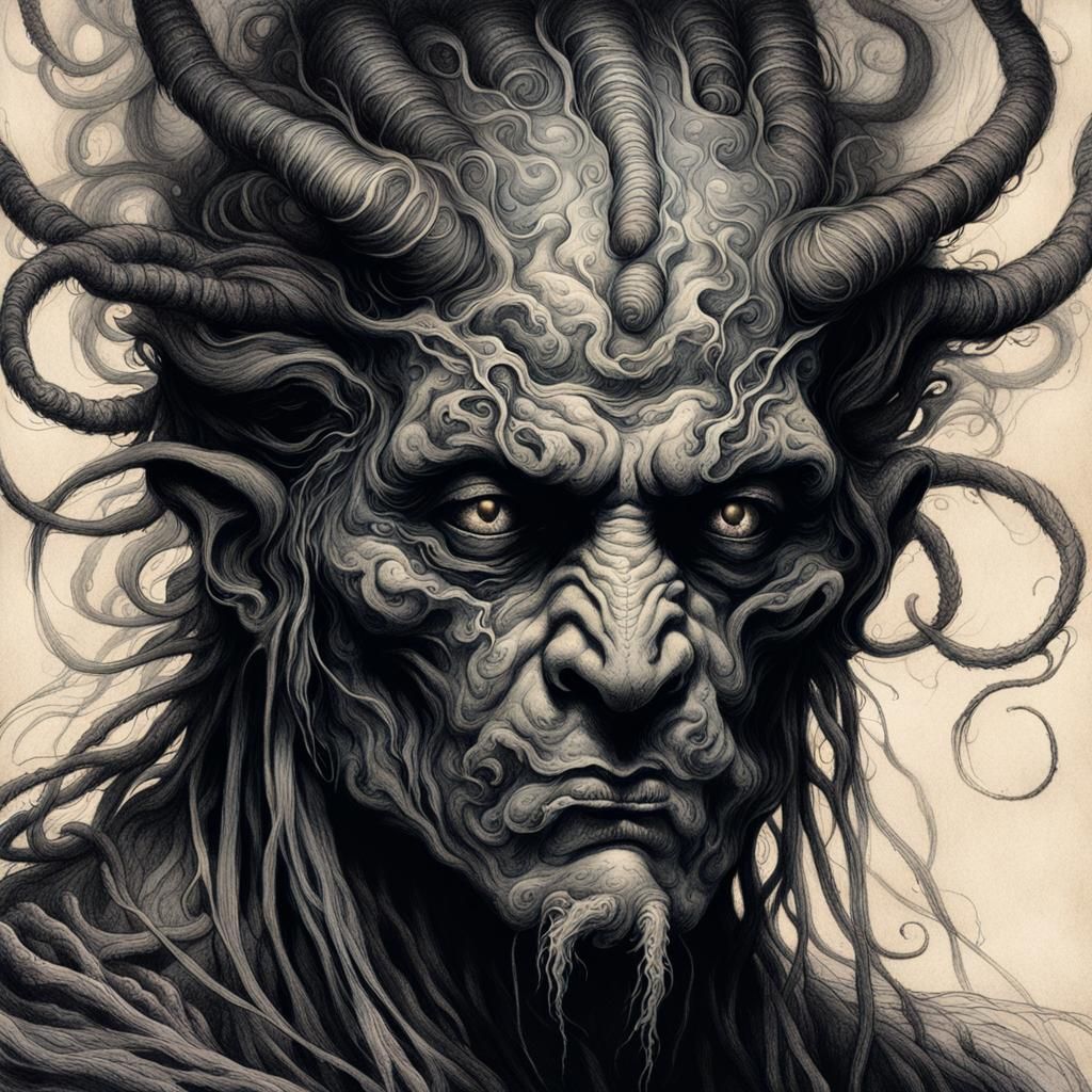 Jinn Portrait Infested with Parasites in Charcoal Style