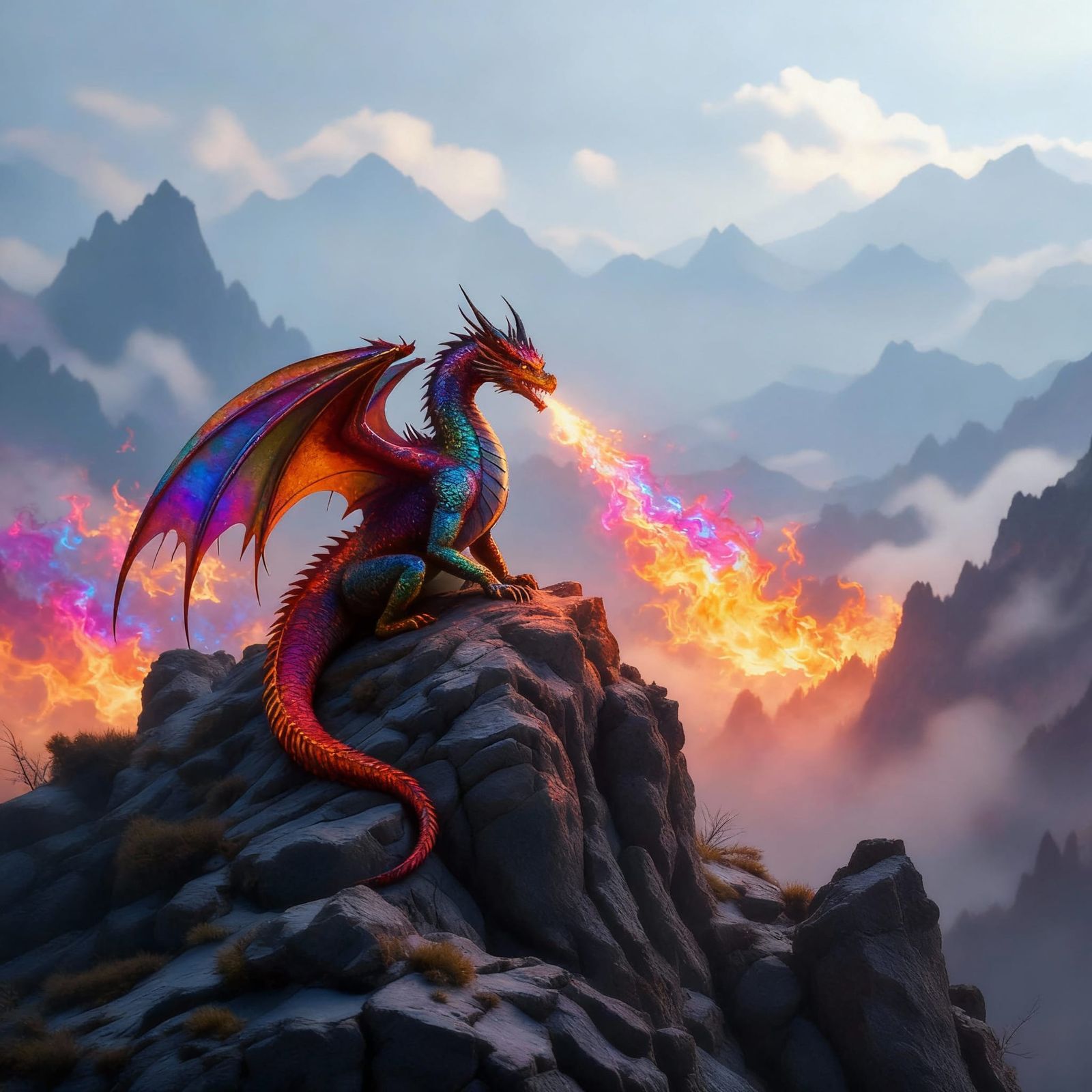 Solitary Dragon on Misty Peak Overlooking Desolate Land