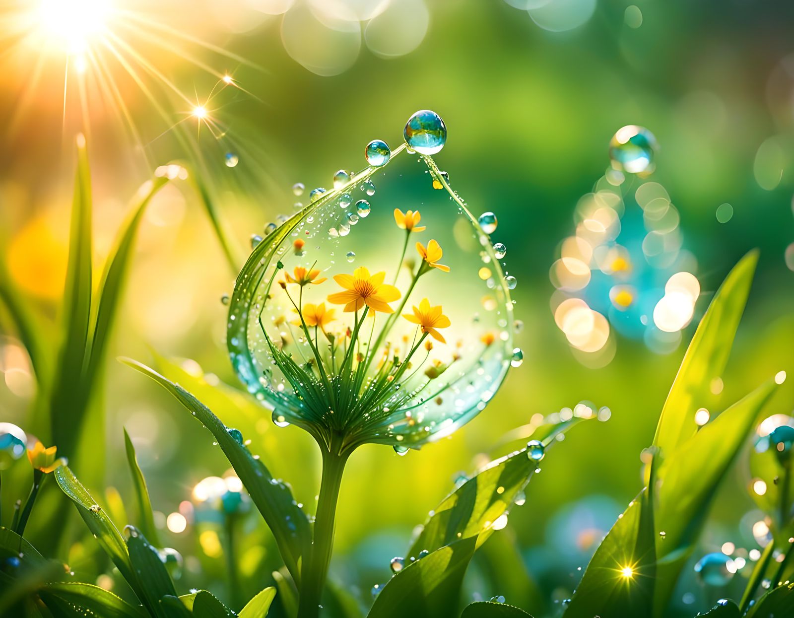 Dew Drop Reflecting Spring Garden at Sunrise