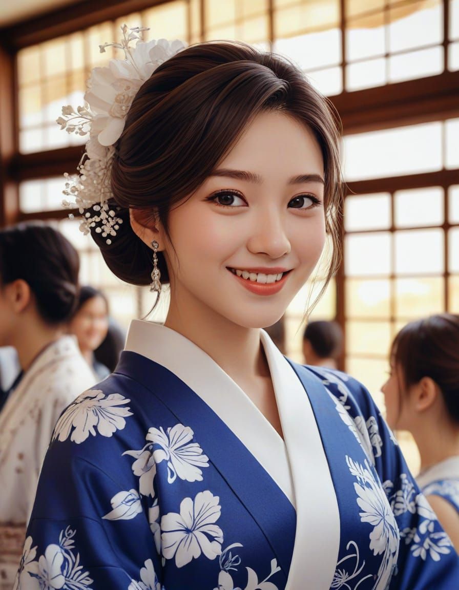 Smiling Woman in Kimono at Wedding Reception: Manga Style