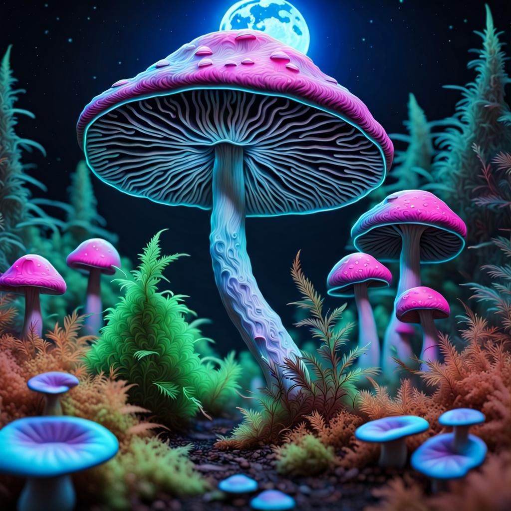Neon Mushroom Landscape with Alien Elements