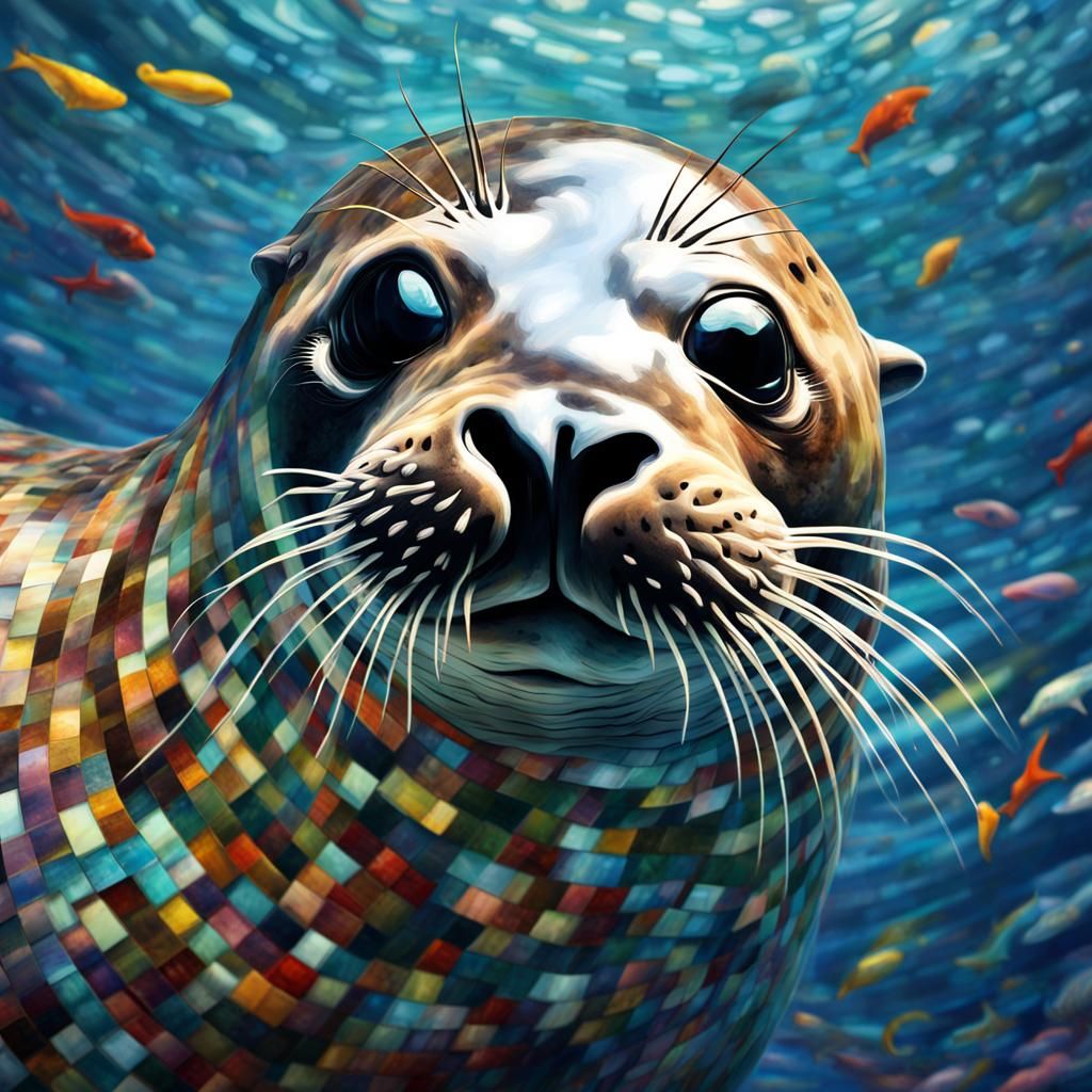 Underwater Seal Mosaic in Hyperrealistic Splash Art Style