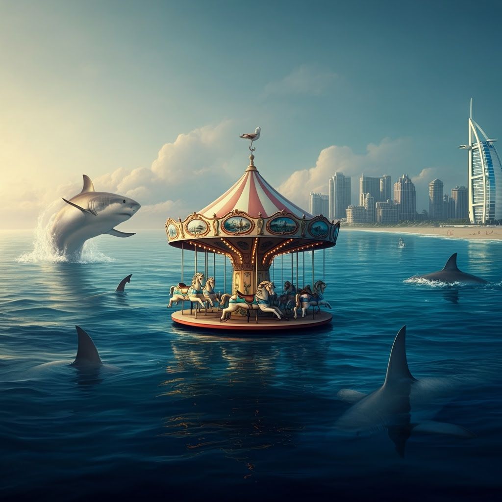 Surreal Carousel on Calm Sea with Sharks and Cityscape