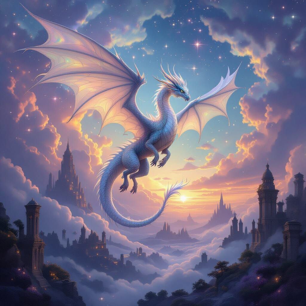 Ethereal Dragon Soaring Through Pastel Nebulae