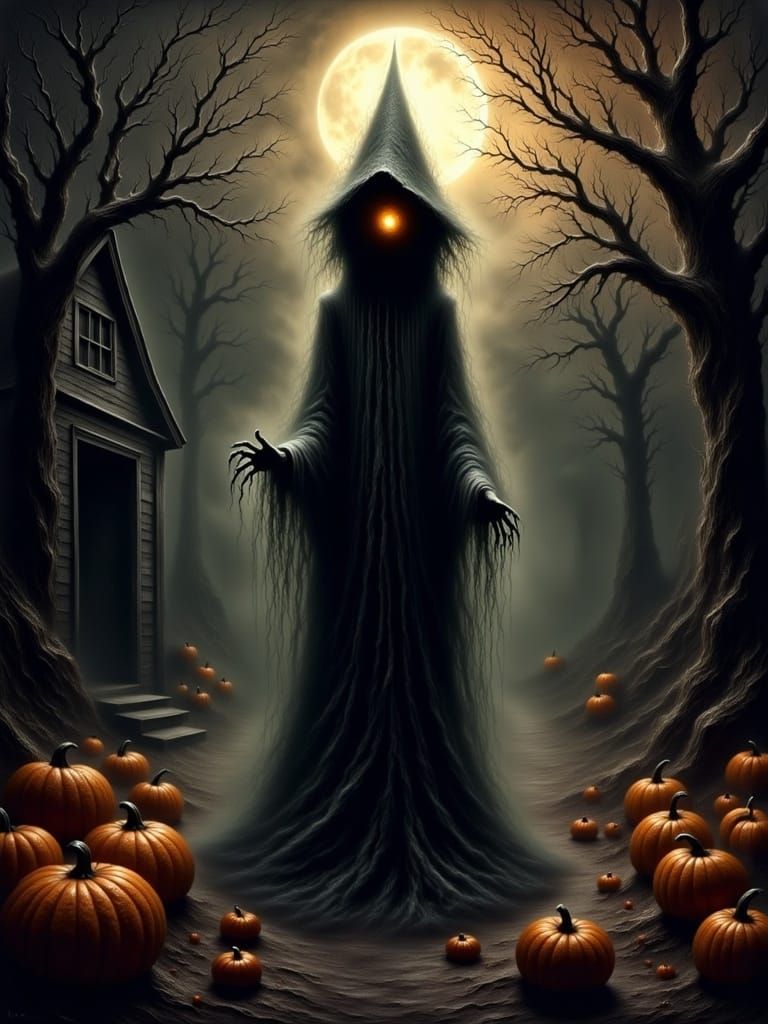 Macabre Witch Shattering Light with Dramatic Shadows