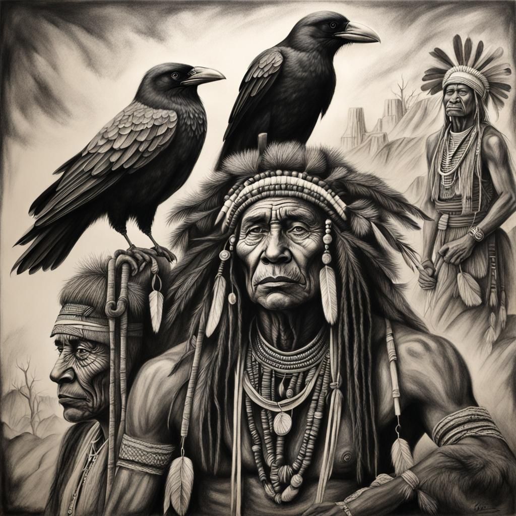 Detailed Charcoal Drawing: Native Tribe with Crow