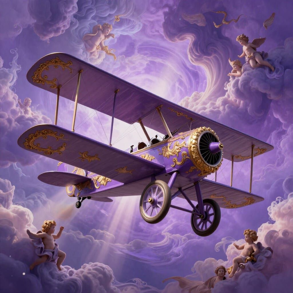 Purple Baroque Bi-Plane Soars Through Ornate Sky