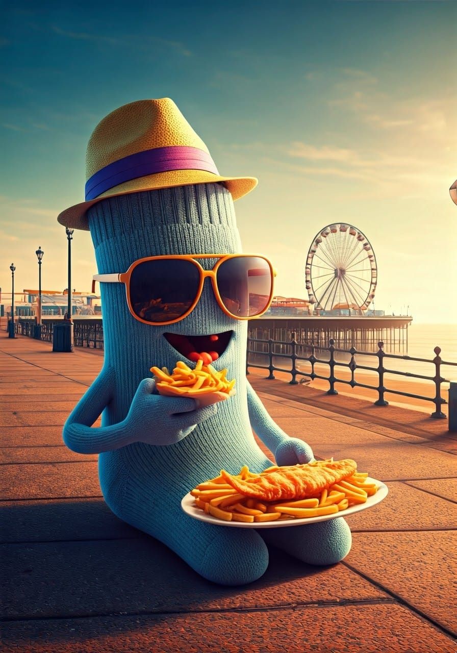 An anthropomorphic sock eating fish and chips at the seaside
