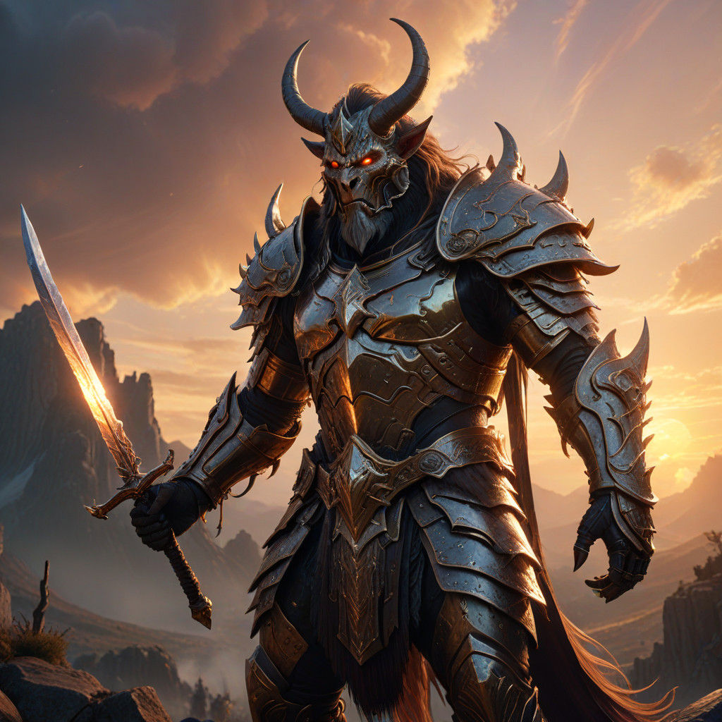 Krampus Knight in Ethereal Sunset Landscape