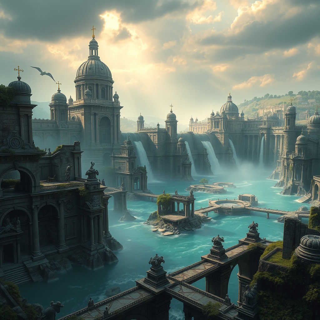 Mystical Submerged City Ruins with Waterfalls