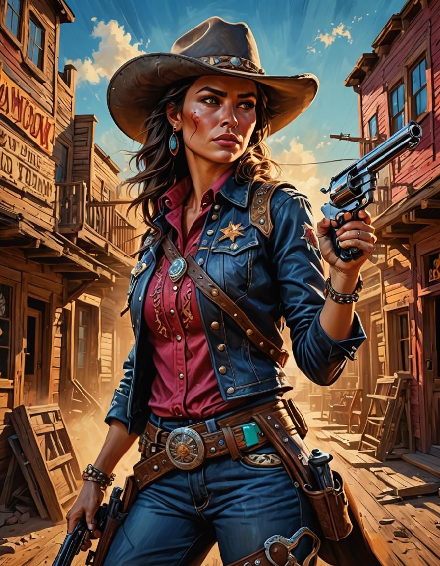Daring Female Cowboy in Vibrant Wild West Scene