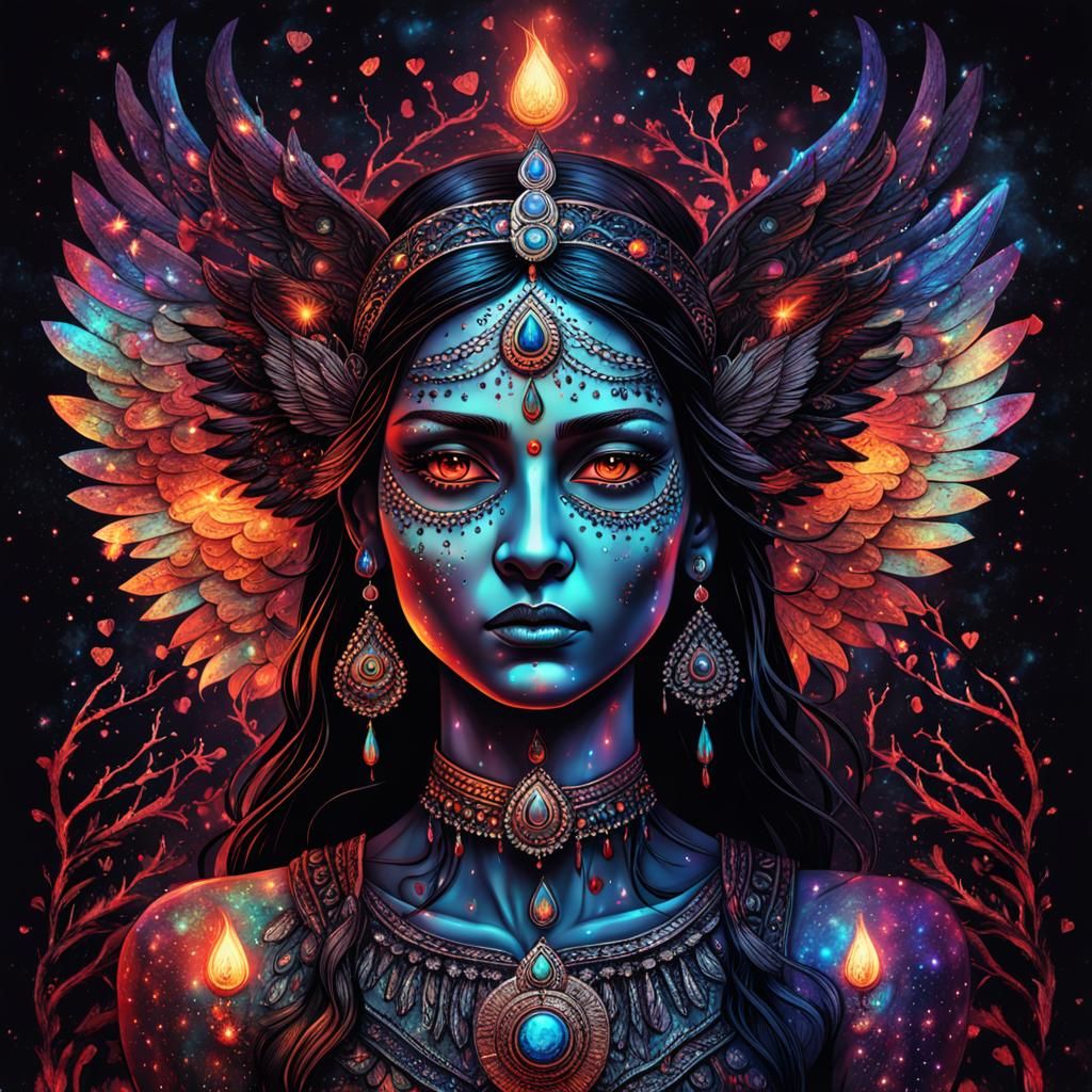 Creepy Lighting Goddess with Fire Eyes and Wings