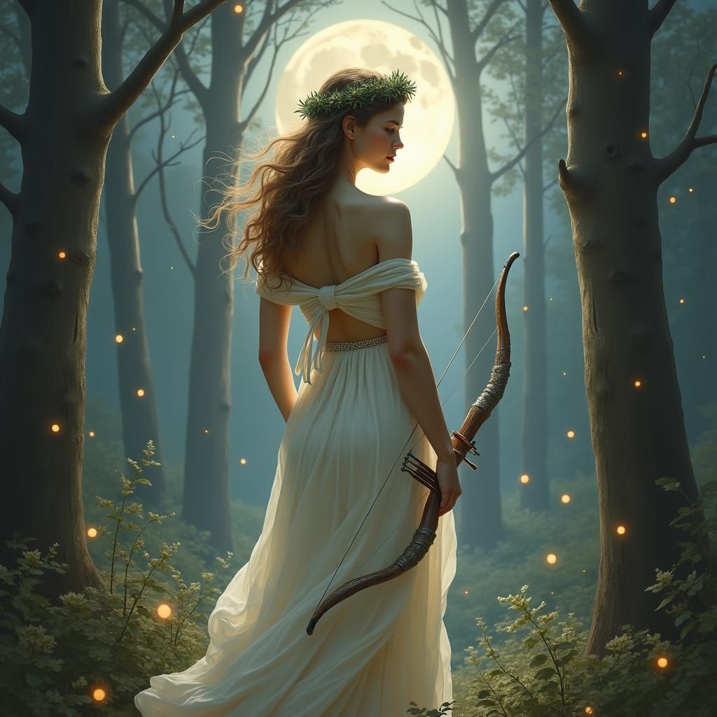 Artemis in Moonlit Forest: Pre-Raphaelite Style