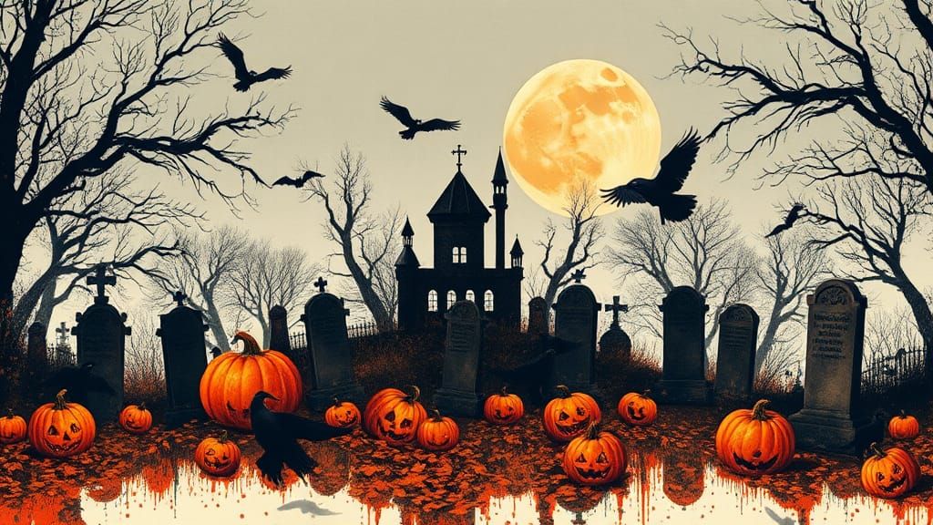 Halloween Graveyard Scene in Double Exposure Ink Art