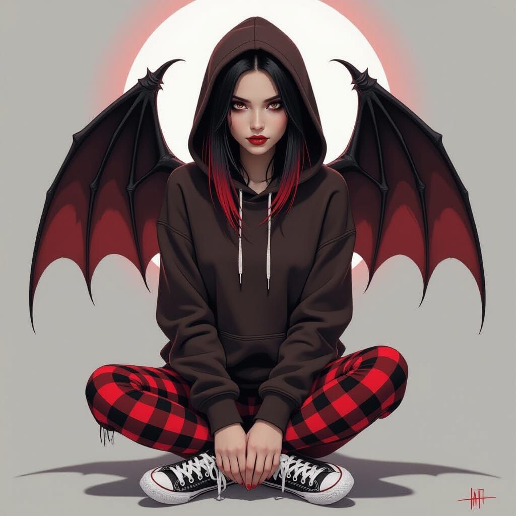 Dark Fantasy Woman With Bat Wings and Crimson Highlights