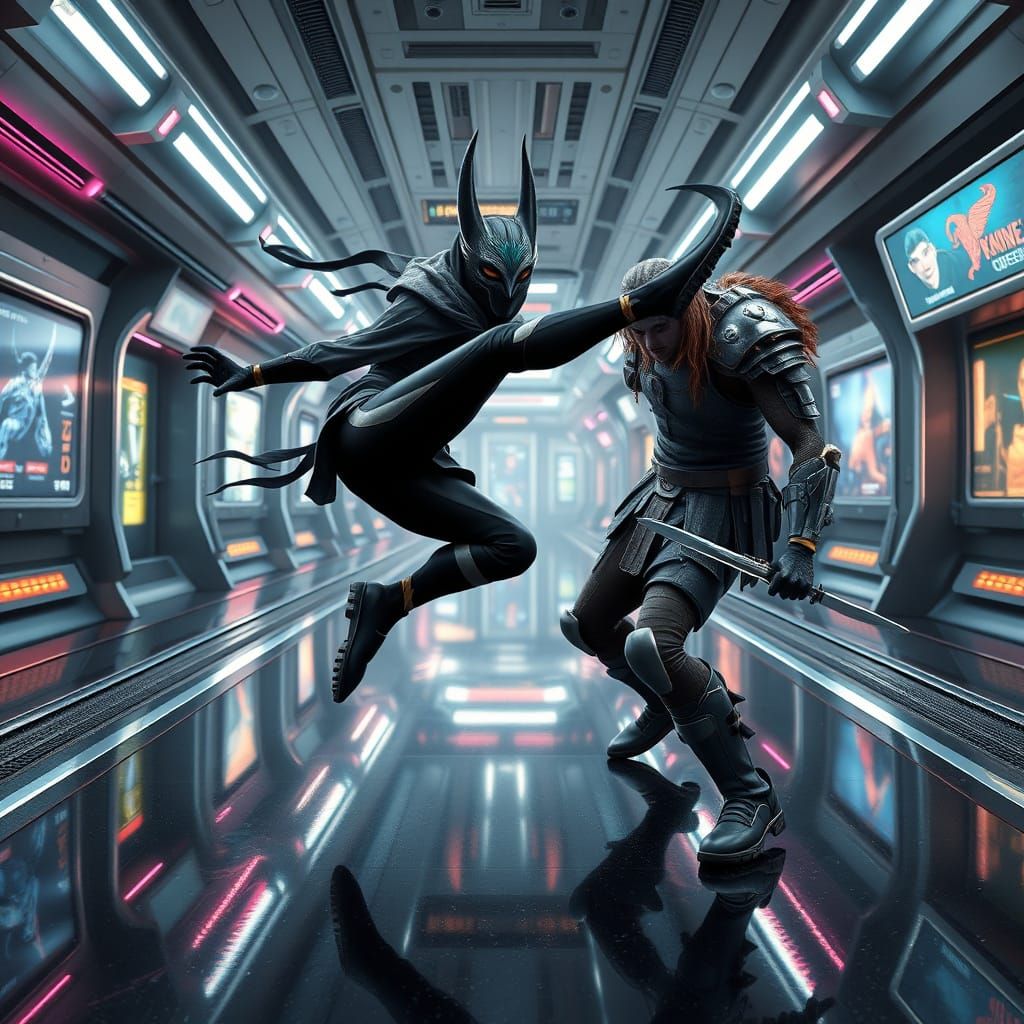 Sleek Ninja Khajiit Defies Gravity on Futuristic Space Stati...