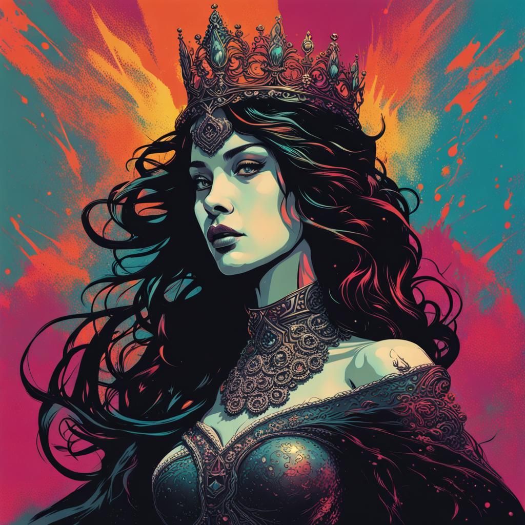 Vintage Screenprint of a Hyperrealistic Dark Princess