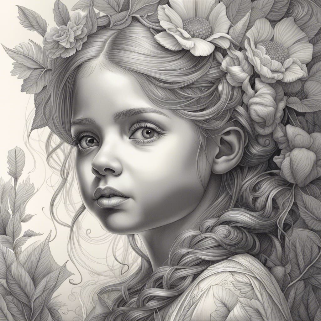 Detailed Pencil Drawing of Girl with Flower