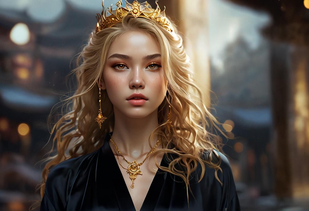 Oriental Goddess with Golden Lightning Hair in Digital Art