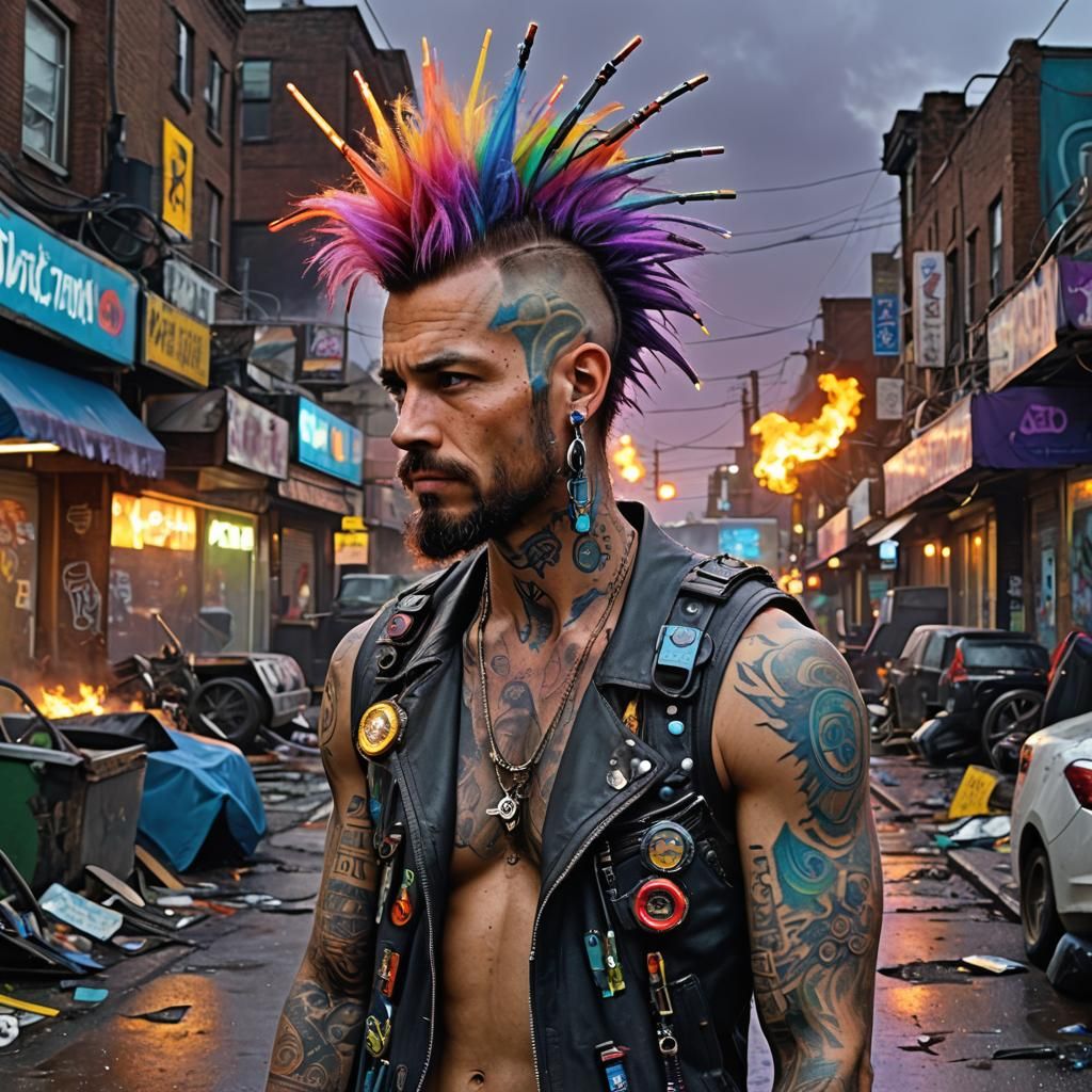 Biopunk Rocker in Dystopian Cityscape