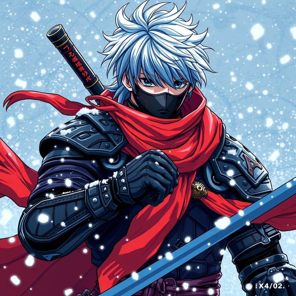 Anime Swordsman in Blizzard with Red Scarf