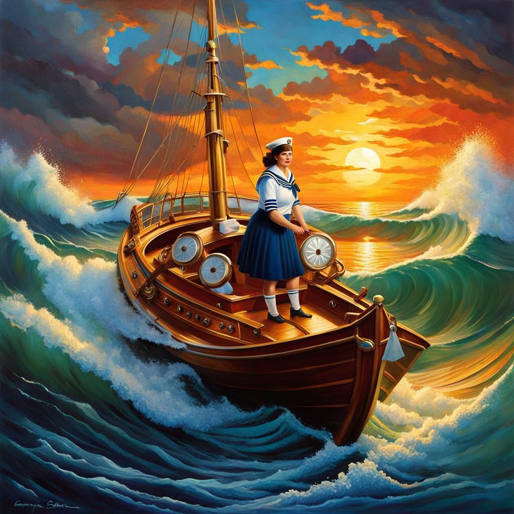Surrealist Sailor Woman on Stormy Sunset Ocean