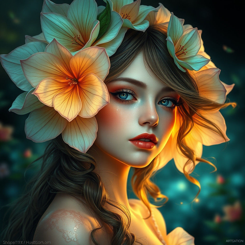 Fantasy Flower Girl Portrait in Art Nouveau Style