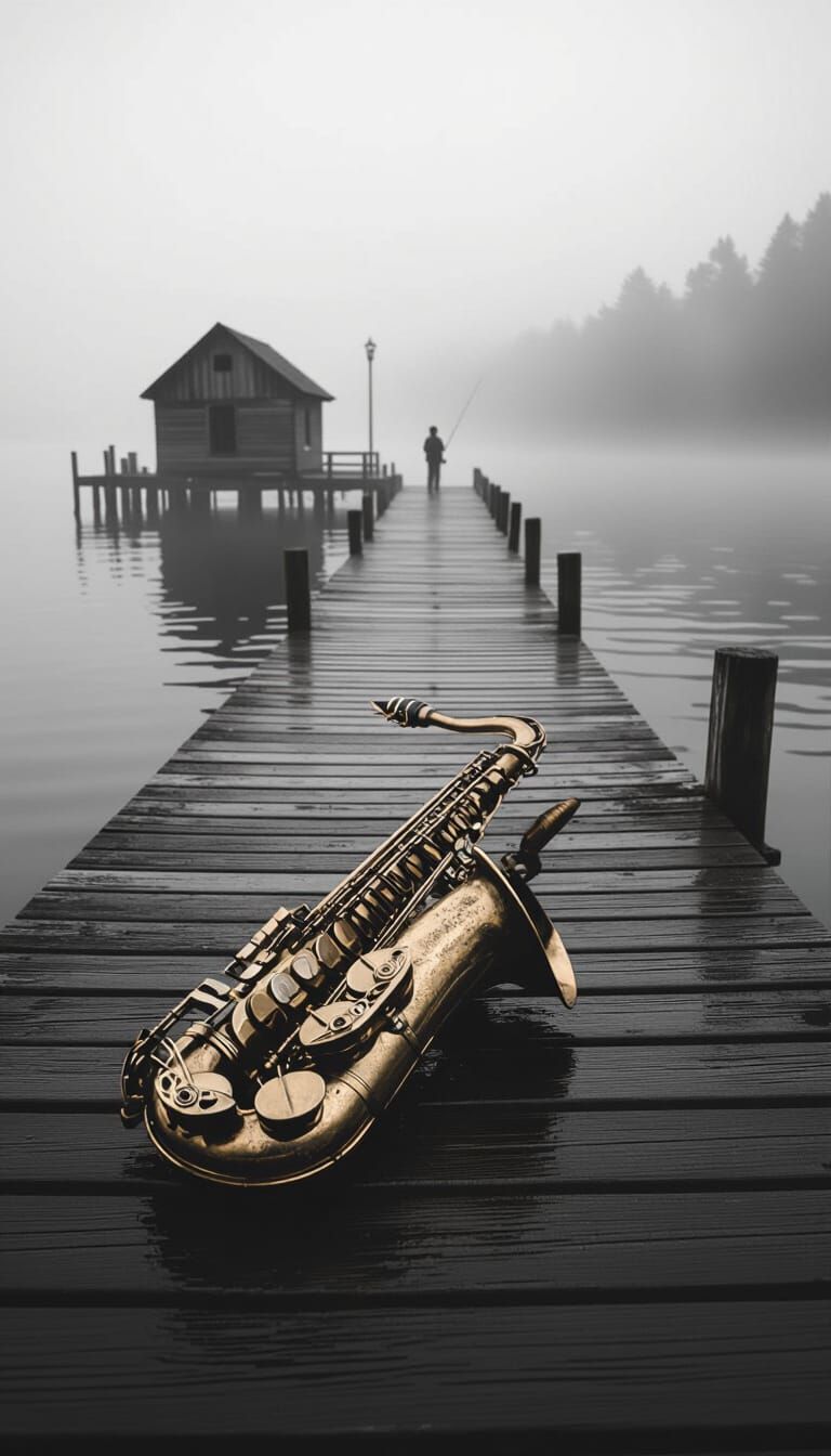 Monochrome Film Still: Abandoned Saxophone on Old Pier