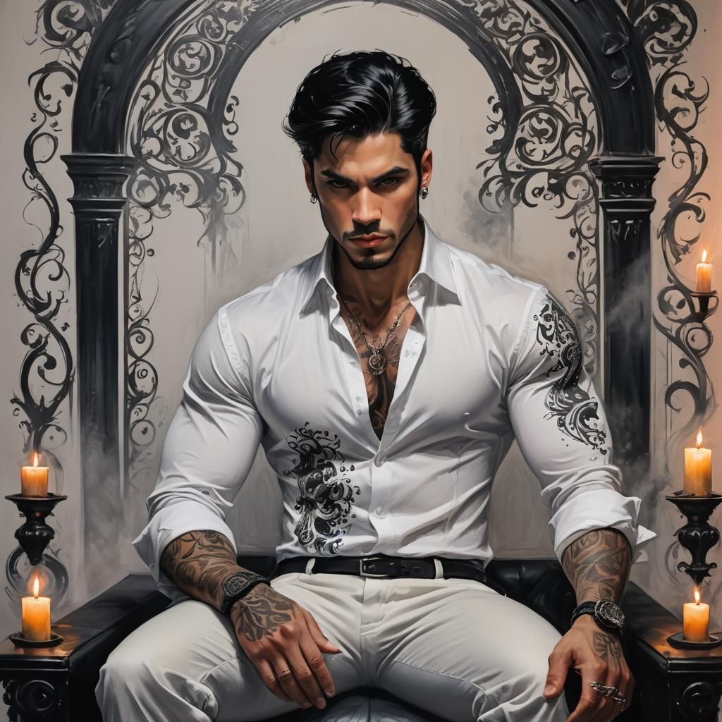 Tattooed Prince on Throne in Flickering Candlelight