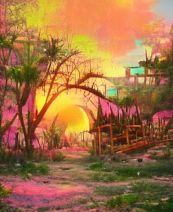 Surreal Tropical Sunset in Post-Apocalyptic Wonderland