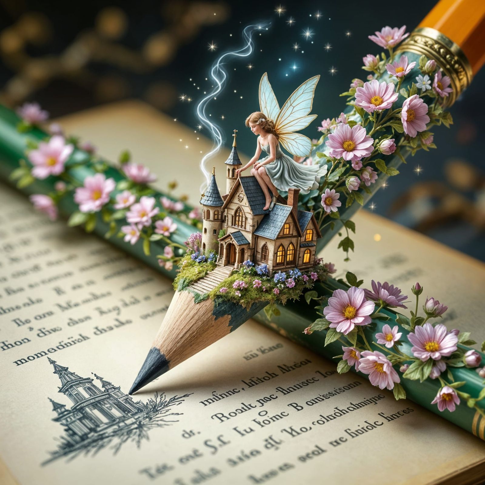 Magical Pencil With Fairy Town and Flowers
