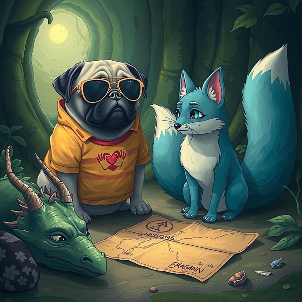 Pug, Kitsune, and Dragon in Anime Style