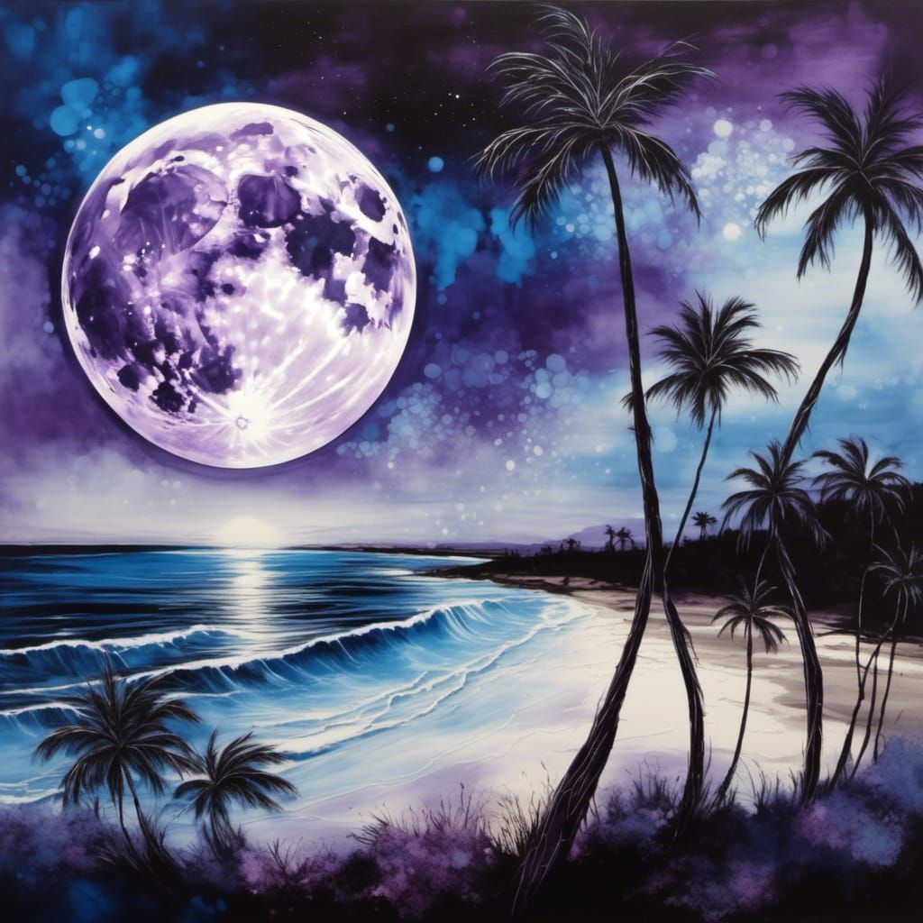 Luminescent Moonlit Beach with Alcohol Ink Effects