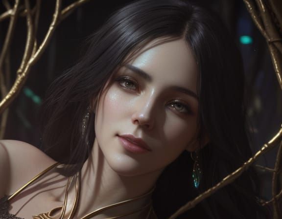 Dark Fantasy Oil Painting with Stained Glass Jewels