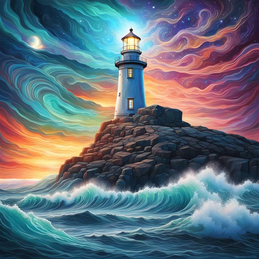 Lighthouse on Rocky Island with Astral Waves