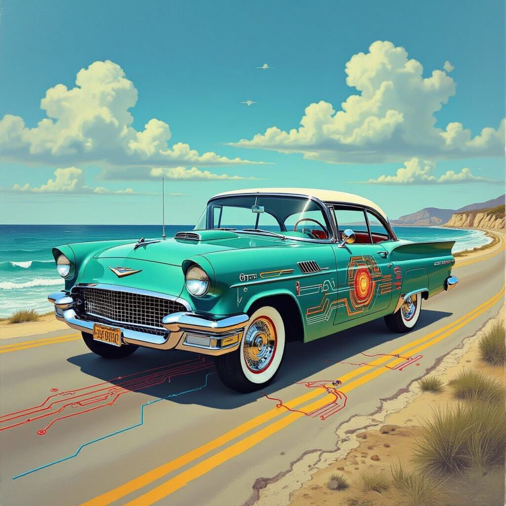 Cyborg-Enhanced 1950s Car in Surreal Seascape